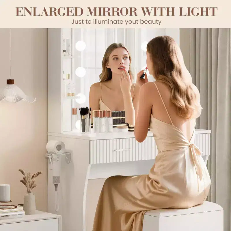Coiffeuse avec miroir et lumières, table de maquillage avec 2 tiroirs, 6 étagères, support pour sèche-cheveux et tabouret, meuble de coiffeuse pour chambre à coucher