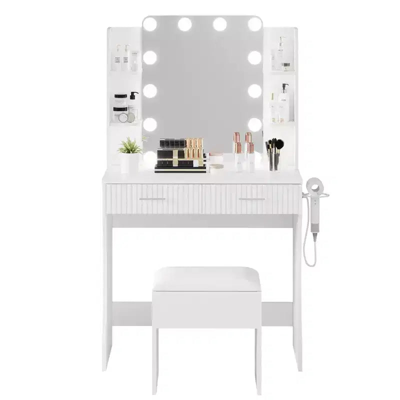Coiffeuse avec miroir et lumières, table de maquillage avec 2 tiroirs, 6 étagères, support pour sèche-cheveux et tabouret, meuble de coiffeuse pour chambre à coucher