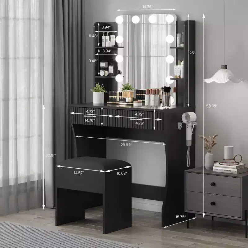 Coiffeuse avec miroir et lumières, table de maquillage avec 2 tiroirs, 6 étagères, support pour sèche-cheveux et tabouret, meuble de coiffeuse pour chambre à coucher