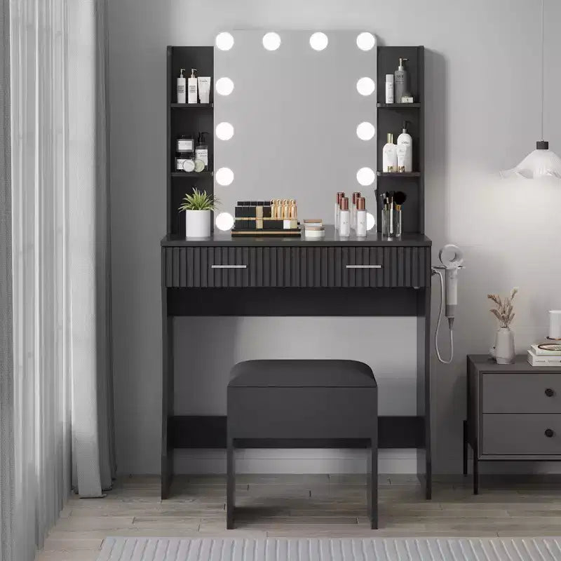 Coiffeuse avec miroir et lumières, table de maquillage avec 2 tiroirs, 6 étagères, support pour sèche-cheveux et tabouret, meuble de coiffeuse pour chambre à coucher