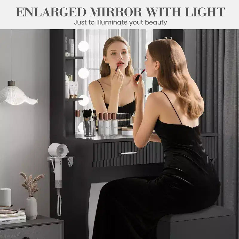 Coiffeuse avec miroir et lumières, table de maquillage avec 2 tiroirs, 6 étagères, support pour sèche-cheveux et tabouret, meuble de coiffeuse pour chambre à coucher