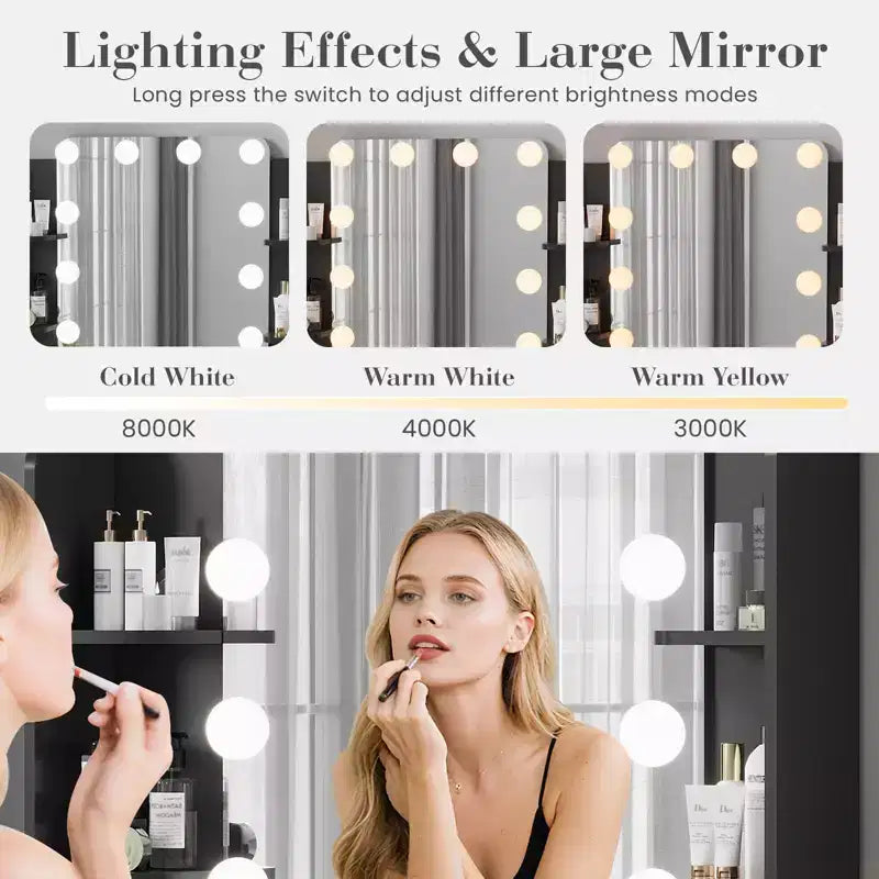 Coiffeuse avec miroir et lumières, table de maquillage avec 2 tiroirs, 6 étagères, support pour sèche-cheveux et tabouret, meuble de coiffeuse pour chambre à coucher