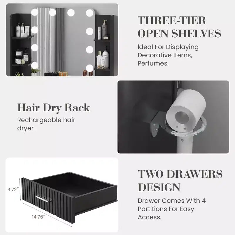 Coiffeuse avec miroir et lumières, table de maquillage avec 2 tiroirs, 6 étagères, support pour sèche-cheveux et tabouret, meuble de coiffeuse pour chambre à coucher