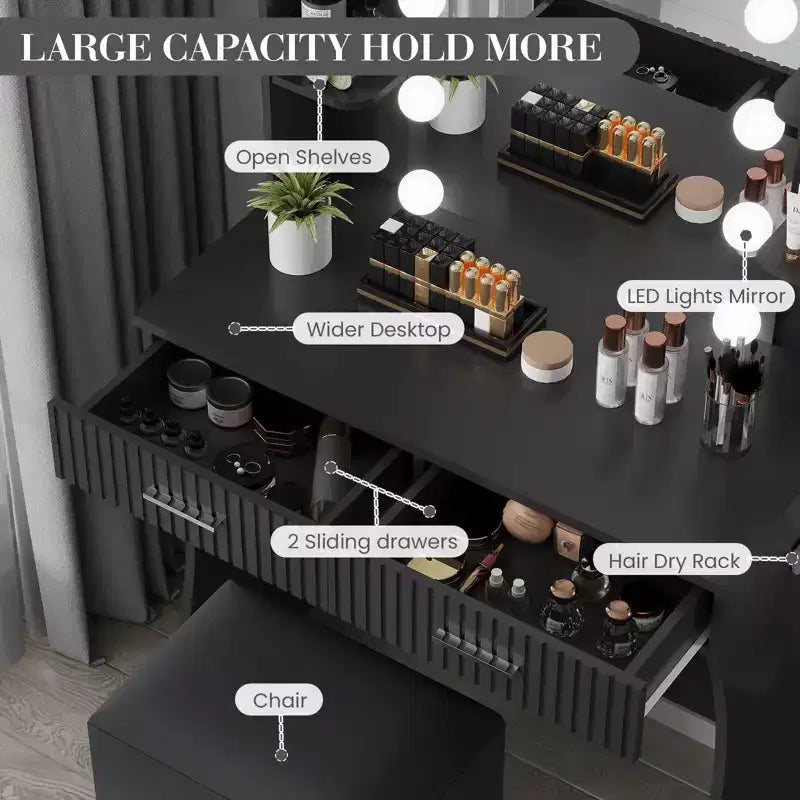 Coiffeuse avec miroir et lumières, table de maquillage avec 2 tiroirs, 6 étagères, support pour sèche-cheveux et tabouret, meuble de coiffeuse pour chambre à coucher