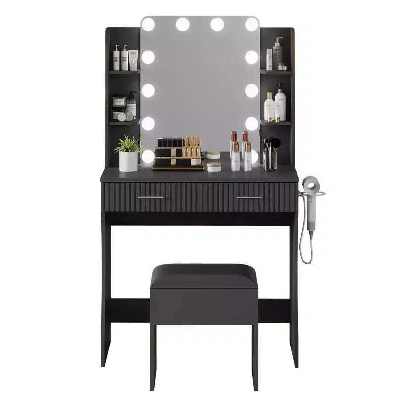 Coiffeuse avec miroir et lumières, table de maquillage avec 2 tiroirs, 6 étagères, support pour sèche-cheveux et tabouret, meuble de coiffeuse pour chambre à coucher