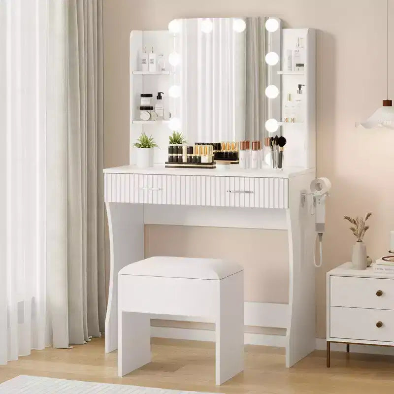 Coiffeuse avec miroir et lumières, table de maquillage avec 2 tiroirs, 6 étagères, support pour sèche-cheveux et tabouret, meuble de coiffeuse pour chambre à coucher